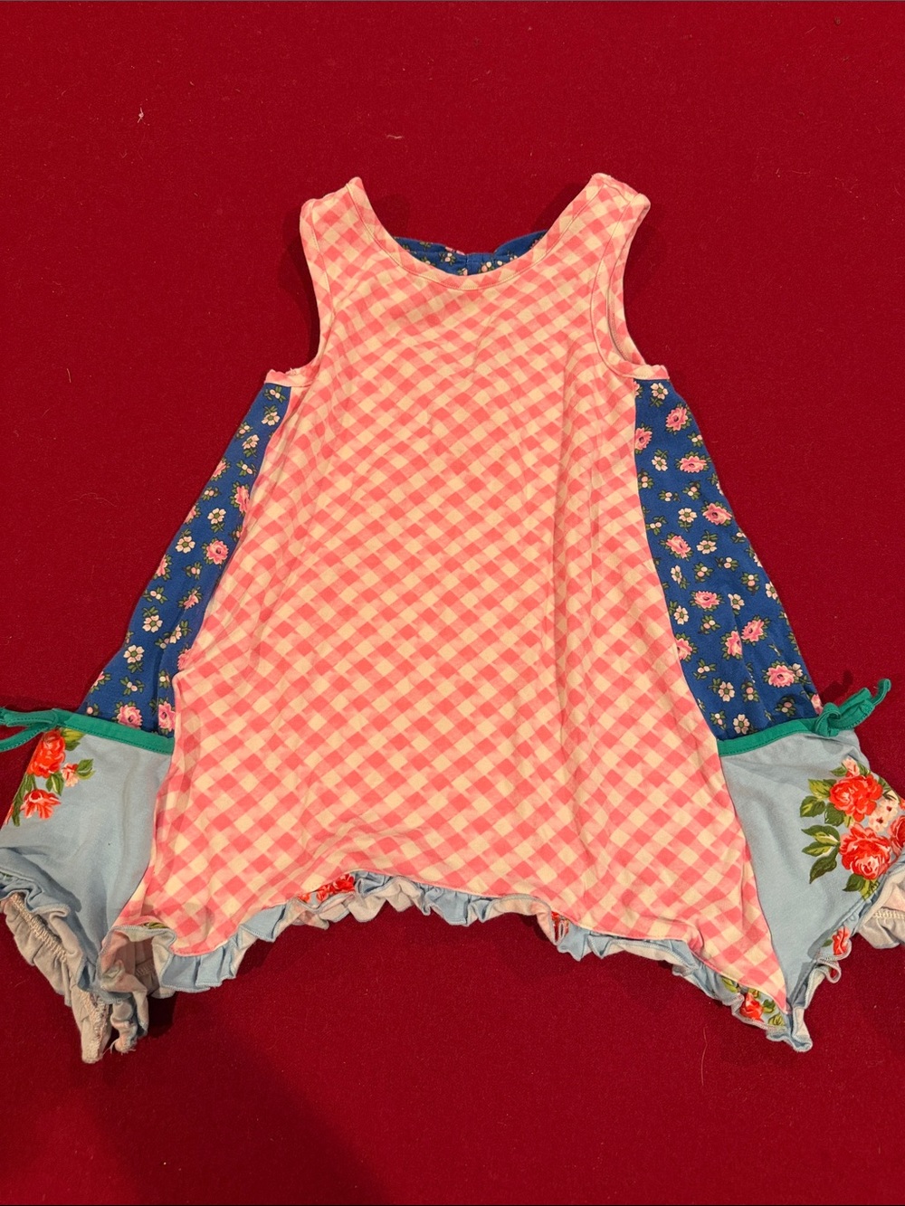Matilda Jane Pink Gingham Tank with Blue Floral Panels